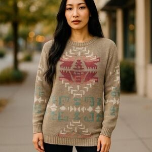 Lauren Ralph Lauren Tan Sweater with Aztec Design Sz L Cotton/Linen